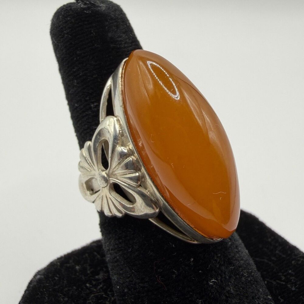 925 Sterling Silver Carnelian Color Orange Cabochon Ring Size 6.75 7.2g Floral